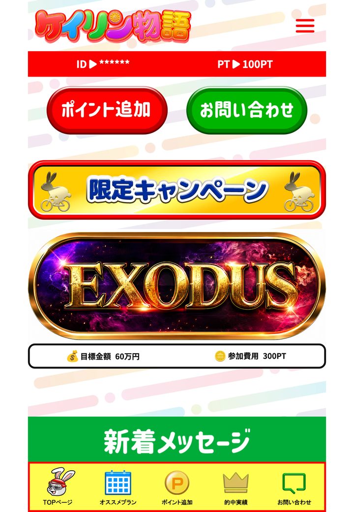 ケイリン物語の会員ページ「会員トップ」（10月18日撮影・登録情報は伏せ字）